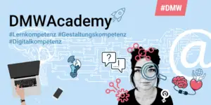 Gesicht einer Frau wird umspielt von digitalen Elementen wie Notebook, einer Taschenlampe, Sprechblasen.